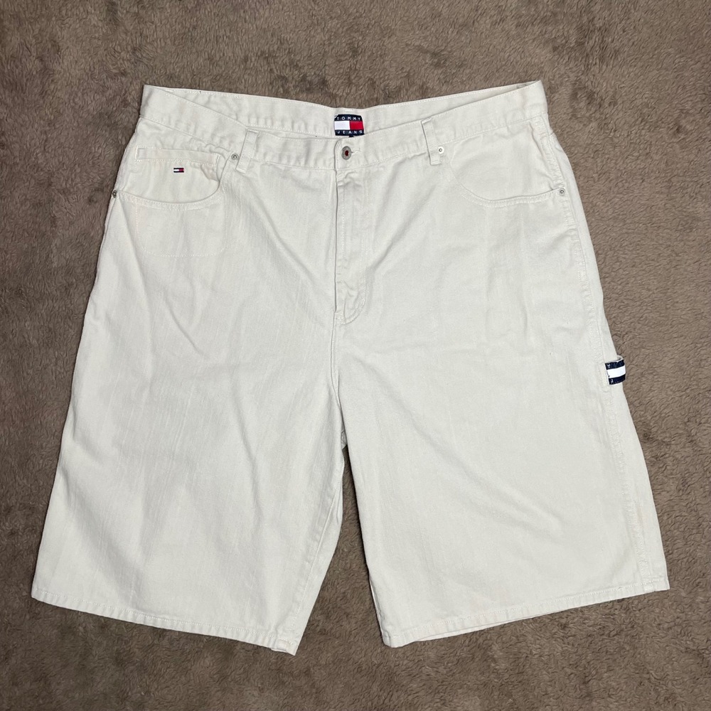 Tommy Jeans Mens 42 Vintage Carpenter Shorts Cream White Denim Flag Logo 90s